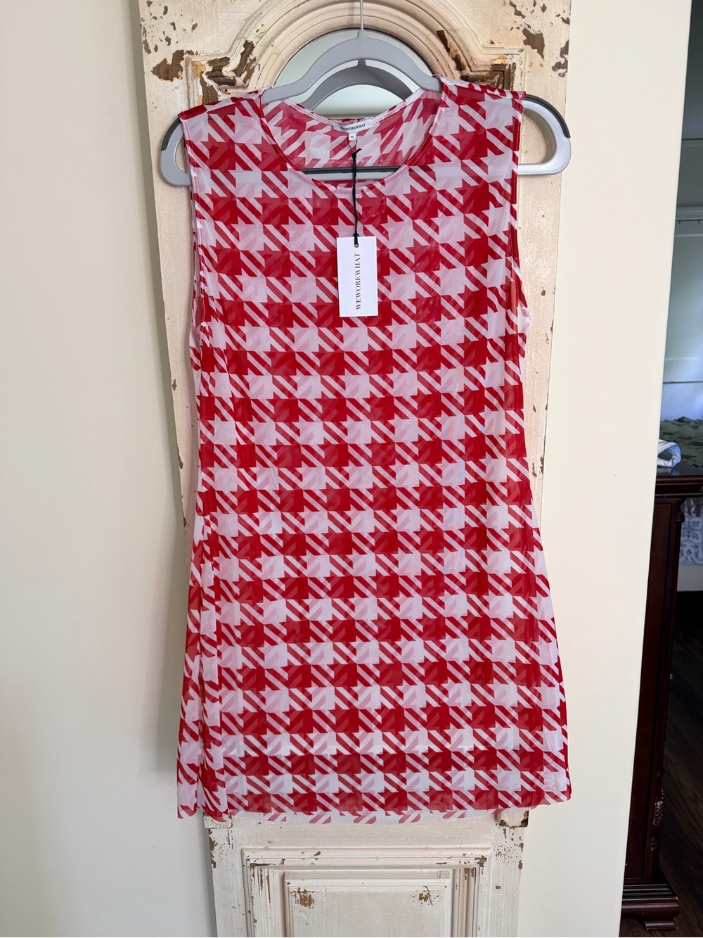 NWT WeWoreWhat Red and White Houndstooth Mini Dress Size XL - Picture 4 of 5